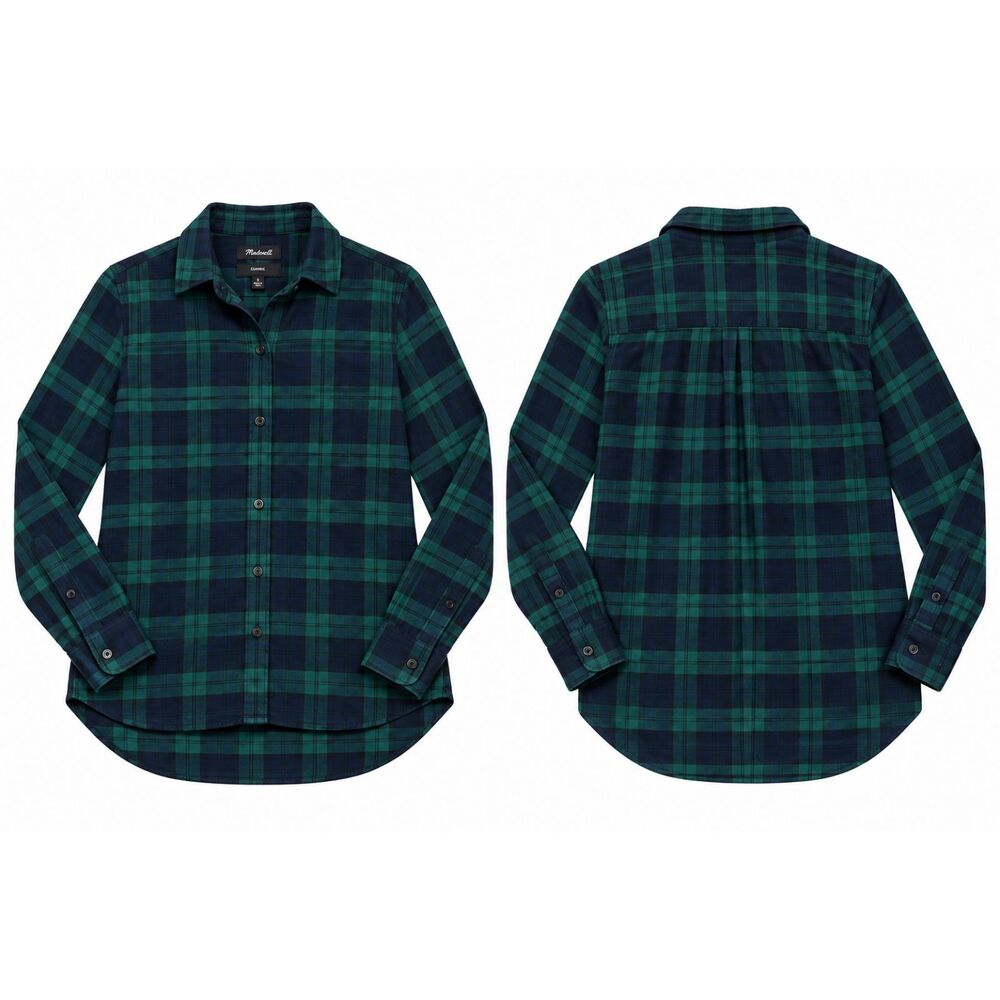 Madewell Classic Womens Small Navy Green Plaid Flannel Shirt Button Down